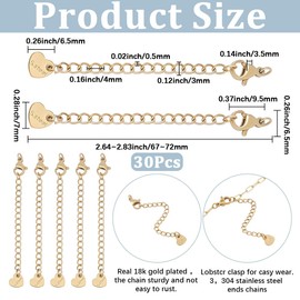 BEAMARKER 30Pcs Stainless Steel Curb Chain Extender Gold Plated Bracelet Necklace End Chain with Lobster Clasps Heart Charm Extension Link Connectors for Necklaces Bracelets Jewelry Making DIY Crafts