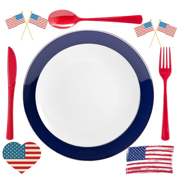 Trendables 4th Of July 190 Ct Red White And Blue Plastic Plate Set with Disposable Silverware Cutlery Fourth Of July Decorations Serves 20 Guests That Is The Perfect Patriotic Decorations For The Home