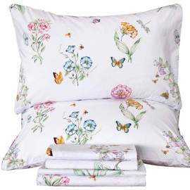 QSH Floral King Size Sheet Sets - Flower Butterfly Print Pattern Egyptian Cotton Printed Bedding Sheets 4pcs Extra Soft and Breathable 17.5" Extra Deep Pocket King Size Sheets