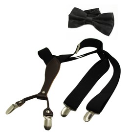 HANERDUN Braces for Men in Y-Shape Elastic and Adjustable Width 3.5 cm with Very Strong 4 Metal Clips and a 12 x 6 cm Bow Tie for Men up to 2 m Height (Adult Style/Children's Style), Black (adult