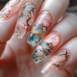 Gifiky 24Pcs Marble Nails Tip Press on Nails - Long Coffin False Nails with Acrylic Elegant & Natural Design, Gradient Fake Nails for Women,Reusable Glue on Nails Full Cover Tips