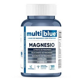 MultiBlue Triple Magnesio con 120 Cápsulas de 700 mg | Combinacion de Citrato de Magnesio, Gluconato de Magnesio y Glicinato de Magnesio | Espirulina y Vitamina D3 | 100% Natural, Sin Gluten