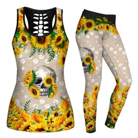 DRZHEAM - Conjuntos de yoga de calavera de azúcar para mujer, conjuntos de 2 piezas, camisetas sin mangas de Halloween, leggings de entrenamiento para niñas, Amarillo, L