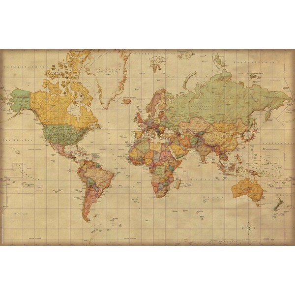 Empireposter 747099 maps map of World Antique English Version Educational Education Poster, Paper, Multicoloured, 91.5X 61 x 0.14 cm