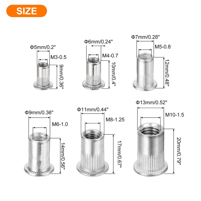 sourcing map 210Pcs Rivet Nut Flat Head, M3, M4, M5,