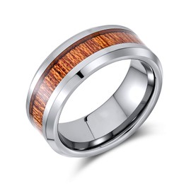 Koa Wood Inlay Titanium Wedding Band Rings for Men for Women Silver Tone Comfort Fit 8MM