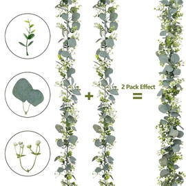 SEBOVIM 2Pcs Eucalyptus Garland,5.9FT Artificial Greenery Garland with Flowers,Artificial Faux Silver Dollar Eucalyptus Leaves Vines for Table Home Wedding Party Outdoor Decor