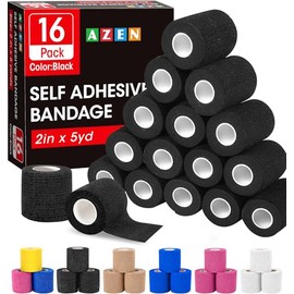 AZEN Paquete de 16 Vendas Autoadhesivas Negras, Cinta Atlética Negra de 2" X 5 Yardas, Venda Veterinaria, Cinta de Agarre para Tatuaje, Cinta para Tob