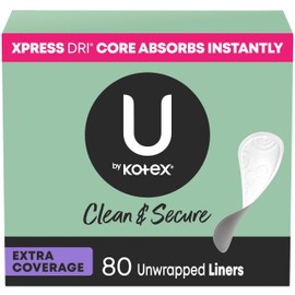 U by Kotex Panty Liners, Clean & Secure, Light Absorbency, Extra Coverage, 80 Count (Packaging May Vary)