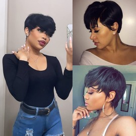 Fereowth Short Human Hair Wigs Pixie Cut Wigs with Bangs Straight Short Wigs for Woman Short Black Layered Wavy Wigs for Women Black Color 1B