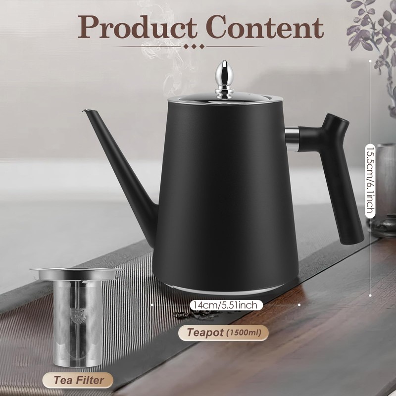 Stainless Steel Teapot with Strainer Insert, 1.5 L Black Teapot