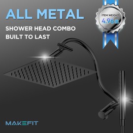 All Metal Dual Shower Head Combo with Curved Extension Arm, 10" High Pressure Rain Shower Head with Handheld Spray, Square Adjustable Rainfall Showerhead System, 71" Extra Long Shower Hose, Black