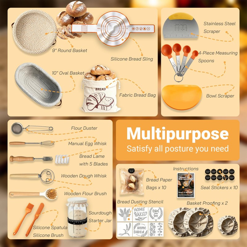 Acessorz Sourdough Bread Baking Supplies,Sourdough Starter Kit,2 Cotton Rope Banneton