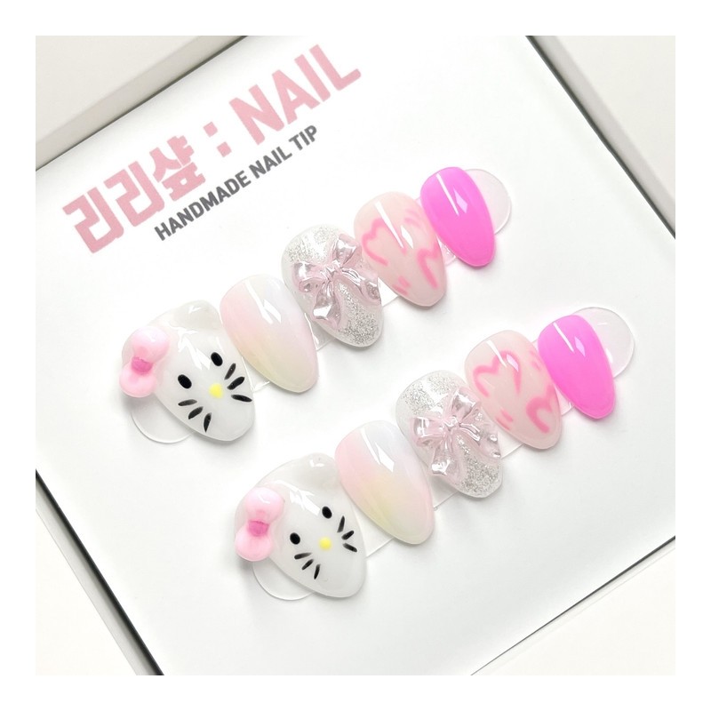 Adorable cat handmade nail tips - Coffin / 앙증맞은 고냥이