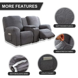 YUEANG Recliner Loveseat Cover with Center Console, 2 Seater Jacquard Recliner Sofa Slipcover with Pockets Washable Stretch Reclining Couch Covers Furniture Protector with Elastic Straps (Dark Gray)
