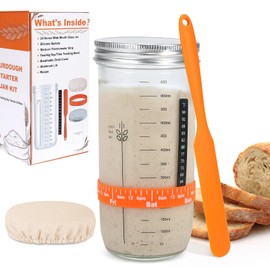 Sourdough Starter Jar Kit, 24oz Wide Mouth Glass Jar with Aluminum Lid, Silicone Scraper, Date Marked Feeding Band, Thermometer, Cloth Cover, Recipes, Sourdough Bread Baking Supplies
