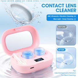 Portable Contact Lens Cleaner with Blue Light,LXIANGN Rechargeable Contact Lens Cleaner with Mirror, 3 Timing Modes for Disposal Soft Lens, Hard Lens, Contact Lens (Pink)