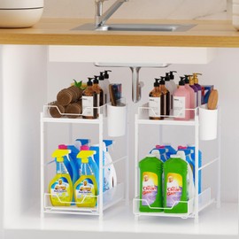 VITVITI Under Sink Organizers and Storage, Pull Out Under Bathroom Cabinet Organizer with Drawer, 2 Tier Metal Mesh Kitchen Sink Cabinet Organizer Shelf with Basket Hooks, White