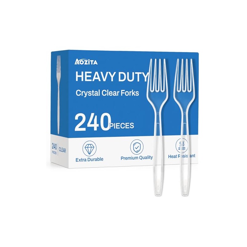 240 Count Extra Heavy Duty Clear Plastic Forks, Solid and