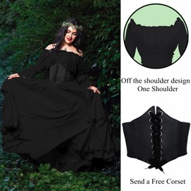 YEAXLUD Women's Victorian Dress Puff Sleeve Off Shoulder Ruffle Plus Size Medieval Costume for Women Renaissance Dress (Black, Medium)
