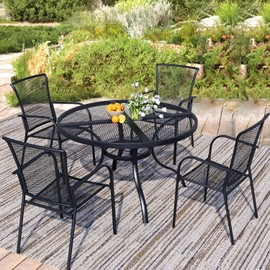 Stabrech 42" Round Patio Table with Umbrella Hole, Metal Outdoor Dining Table for Garden, Backyard and Deck, 4 Person Round Patio Dining Table for Outside, Black Mesh Table