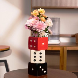 Dezeen Funky Dice Vase - Unique Ceramic Home Decor for Bars| Stylish Black, White & Red Geometric Design | Perfect for Fresh, Dried, or Artificial Flower Arrangements | Ideal Gift for Art Lovers