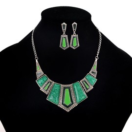 YAZILIND Vintage Ethnic Tibetan Silver Irregular Rhinestone Bib Collar Earrings Necklace Jewelry Set (Green)