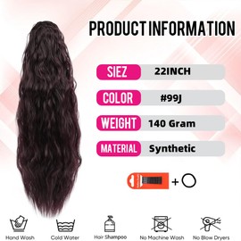 Corn Wave Drawstring Ponytail 140 Grams Wine Red Wave Ponytail Clip in Extension 22 Inches Synthetic Corn Curly Wave Ponytail for Black Women(99J,Wine Red)