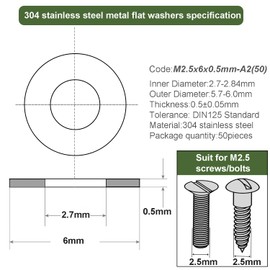M2.5 Washers, M2.5 x 6mm Metal Flat Penny Washers Thickness 0.5mm-A2 304 Stainless Steel Washers (50 Pack), AMLOOPH Large OD Plain Wide Metal Washers, Round Flat Spacer Repair Washer For Screws Bolts