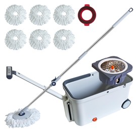 KZKR Spin Mop and Bucket with Wringer Set on Wheels, 180° Spinning Mop Bucket System with 6 Washable Microfiber Replacement Mop Pad Heads Refill, Adjustable Handle for Floor Cleaning Home
