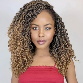 Faux Locs Crochet Hair 14 Inch Ombre Goddess Locs Crochet Hair for Women Soft River Locs Curly Pre Looped Crochet Braids with Curly Ends Boho Hippie Locs Synthetic Hair Extensions(6 packs, #1b/27)