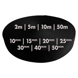 Webbing Strap 2 m 5 m 10 m 50 m 50 m 50 m Width 10 mm 15 mm 20 mm 25 mm 30 mm 40 mm 50 mm Bag Strap Polypropylene Ideal for DIY Projects, Crafts & Outdoor (580) Black, 50 mm x 10 m