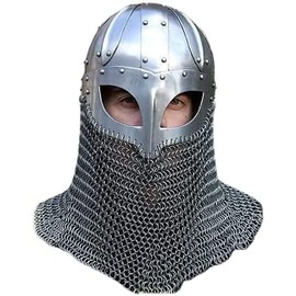 THOR INSTRUMENTS Viking Helmet Battle Armor 18G Steel and Chainmail Mask Helmet Silver Rustic Vintage Home Decor Gifts