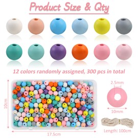Pack of 300 Wooden Beads Colourful for Threading, Colourful Wooden Beads with 3 mm Threading Hole, Wooden Balls Pastel, Wooden Beads with Waxed Band, 12 Colours, Craft Beads Wood for DIY Jewellery
