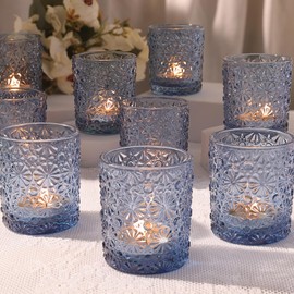 Blue Votive Candle Holder Set of 12, Flower Tea Lights Candles Holders for Wedding Table Centerpieces, Birthday Parties, Home Decor, Blue Bridal Shower and Holiday Decorations