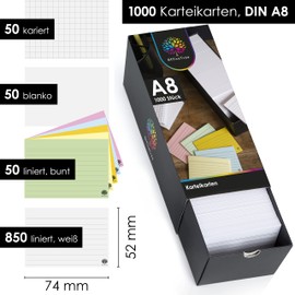 OfficeTree OfficeTree 1000 Karteikarten Set A8 - Karteikarten A8 Liniert, Kariert, Blanco und Bunt - Lernkarten mit Karteikarten-Box - Karteikarten für Englisch Vokabeln, Formeln und Notizen
