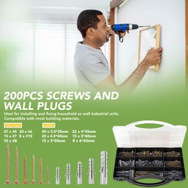BLOSTM Screws and Wall Plugs Set 200 PCS - Heavy Duty Wall Plug & Wood Screws Assortment for Drywall, Chipboard, Plaster, Brick - Countersunk Pozidrive Head Screws for DIY, Mounting Shelves/Furniture