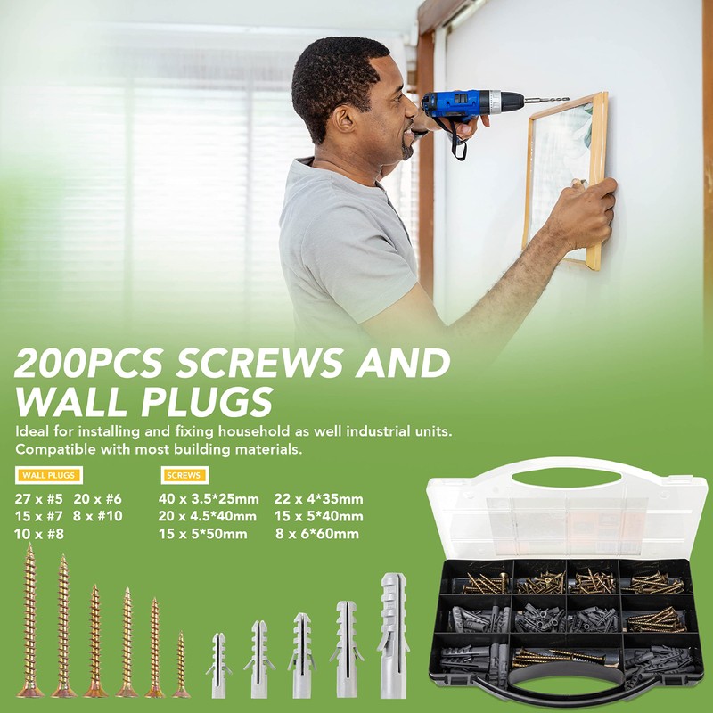 BLOSTM Screws and Wall Plugs Set 200 PCS - Heavy
