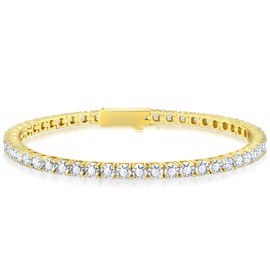 KRKC&CO Tennis Bracelets, Brass Iced Out 3mm Women’s Bracelet, Nickel-Free Hypoallergenic, 5A CZ Zircon Integrated Clasp Shiny Hand Jewelry Gift for Her Woman Men(3mm-14K Gold Plated, 6.5in)