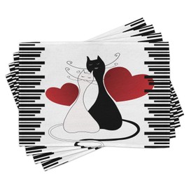 Ambesonne Cats Place Mats Set of 4, Romantic Kittens Pets Couple 2 Tails Hearts and Black Stripes Animals in Love, Washable Fabric Placemats for Dining Table, Standard Size, Black and White