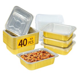JARDLITE 40 Pack 3 LB Aluminum Pans with Lids Heavy Duty (8.7"×6.6"×2.5") Foil Food Containers with Lids, 50oz Disposable Tin Foil Pans with Lids for Baking, Meal Prep, Freezer, Heating and Takeout
