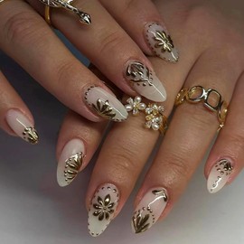 MERVF Almond Press on Nails Medium Fake Nails White Solid Color Stiletto Glue on Nails Gold 3D Flower Press ons Bohemian Gypsy Style Acrylic Nails 30pcs Glossy