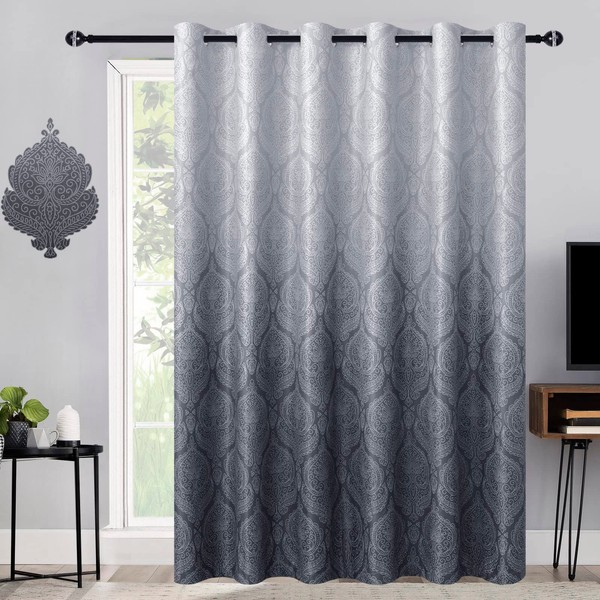 DWCN Grey Sliding Door Curtains - 8.3 x 7 Ft Room Divider Privacy Drapes with Ombre Damask Patterned -Extra Wide Grommet Top Closet Door Curtains for Bedroom/Kitchen/Patio,1 Panel, 100 x 84 inches