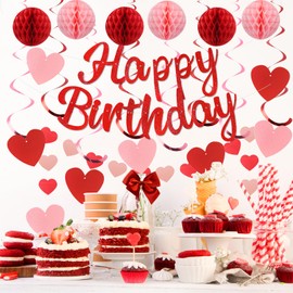 YEOCU Birthday Decorations, NO DIY, Pre-Strung Happy Birthday Banner with Honeycomb Balls, Hanging Swirls, Circle Dots Garland, Happy Birthday Party Decorations for Women Men Boys Girls (Red)