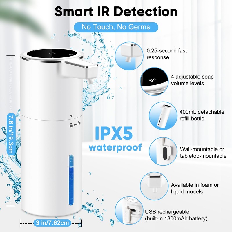 Automatic Liquid Soap Dispenser,400ML Touchless Electric Hand Soap Dispenser,USB-C 1800mAh