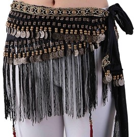 Wuchieal Belly Dance Hip Scarf Belly Dancer Tribe Style Belt Tassel Hip Scarf Velvet Waist Costume, black