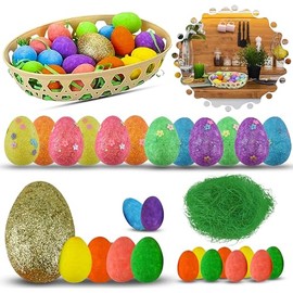 32PCs Happy Easter Glitter Eggs Decoration - Large Golden Egg with Multicolour Mini Foam Eggs Ornaments in Basket for Easter Bonnet Crafts Spring Party Favors
