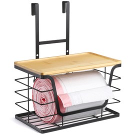 CACHOLIV Large Trash Bag Holder - Extra Large Garbage Bag Holder with Stackable Bamboo Top, Adjustable Hooks for Cabinet Door - Organizers in Kitchen/Pantry