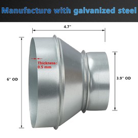 A-KARCK Air Duct Reducer 6" to 4", Round Duct Adapter Galvanized Steel for Inline Ventilation System, Connect Pipe with Duct Fan or Dryer Vent