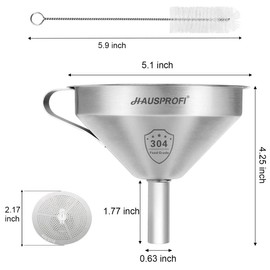HAUSPROFI Stainless Steel Funnel, 5.1 inch 304 Stainless Steel Kitchen Funnel with 200 Mesh Food Filter Strainer for Transferring Liquids, Oil, Making Jam